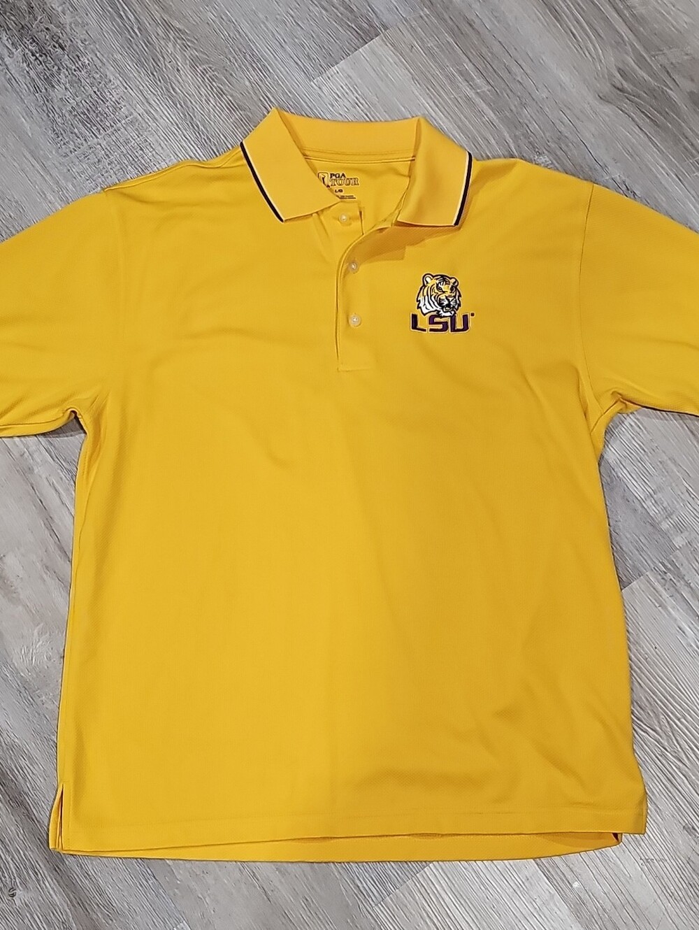 PGA Tour Men's Yellow LSU Polo with Embroidered Tiger Logo L